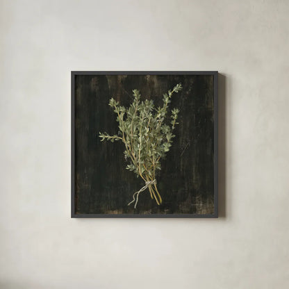 Rustic Herbs III by Danhui Nai. Shown in a sleek black glass frame for a contemporary gallery look. Available as an archival giclee rolled canvas, fine art paper, or poster print. SKU 100645a.