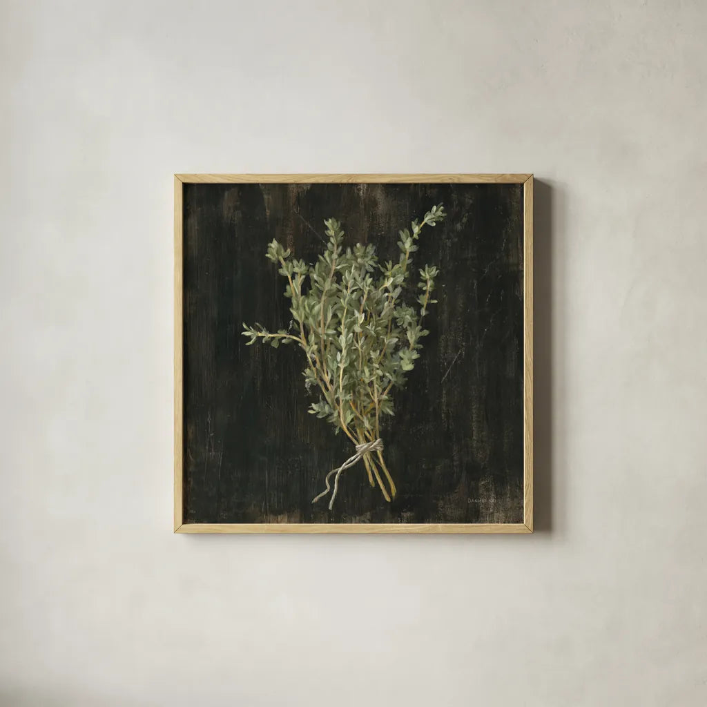 Rustic Herbs III by Danhui Nai. Shown in a natural wood glass frame for a timeless modern aesthetic. Available as an archival giclee rolled canvas, fine art paper, or poster print. SKU 100645a.