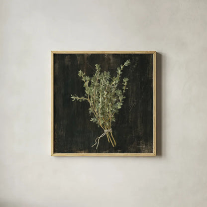 Rustic Herbs III by Danhui Nai. Shown in a natural wood glass frame for a timeless modern aesthetic. Available as an archival giclee rolled canvas, fine art paper, or poster print. SKU 100645a.