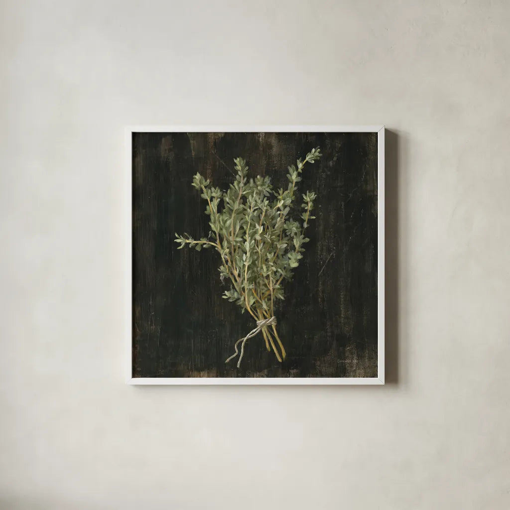 Rustic Herbs III by Danhui Nai. Shown in a crisp white glass frame for a clean and minimalist style. Available as an archival giclee rolled canvas, fine art paper, or poster print. SKU 100645a.