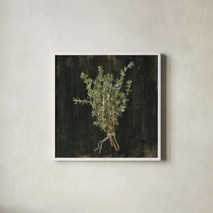Rustic Herbs III by Danhui Nai. Shown in a crisp white glass frame for a clean and minimalist style. Available as an archival giclee rolled canvas, fine art paper, or poster print. SKU 100645a.