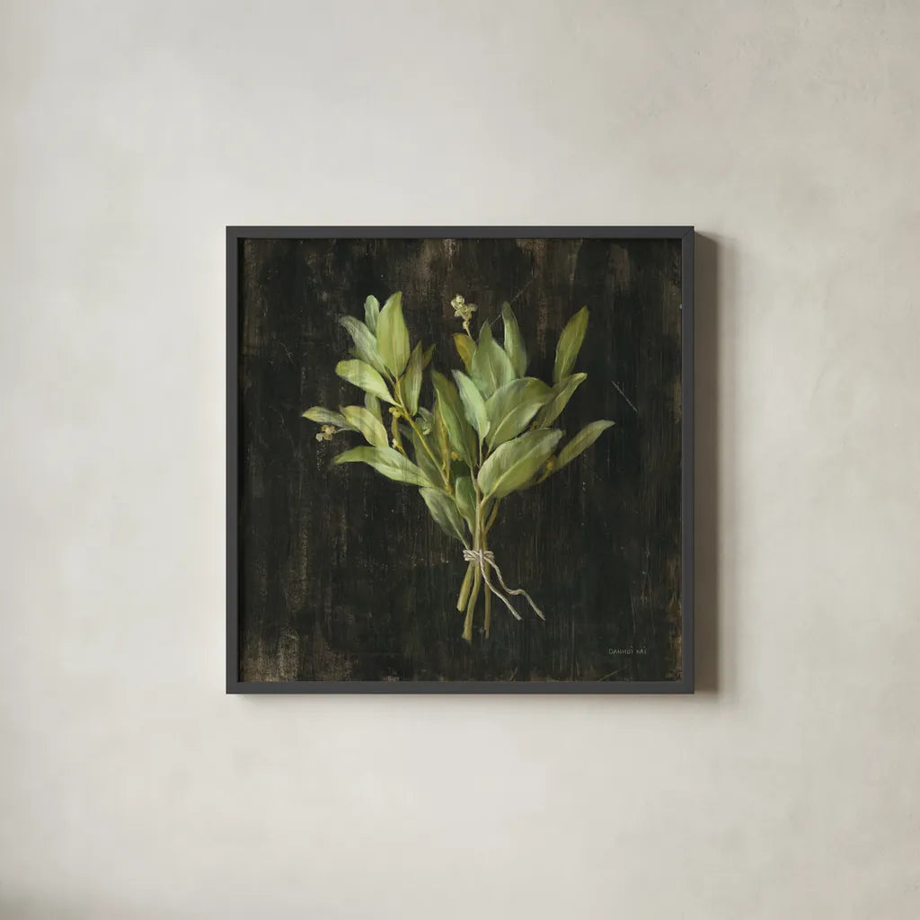 Rustic Herbs IV by Danhui Nai. Shown in a sleek black glass frame for a contemporary gallery look. Available as an archival giclee rolled canvas, fine art paper, or poster print. SKU 100646a.