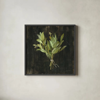 Rustic Herbs IV by Danhui Nai. Shown in a sleek black glass frame for a contemporary gallery look. Available as an archival giclee rolled canvas, fine art paper, or poster print. SKU 100646a.
