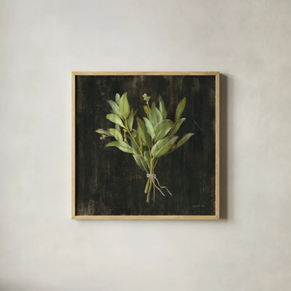 Rustic Herbs IV by Danhui Nai. Shown in a natural wood glass frame for a timeless modern aesthetic. Available as an archival giclee rolled canvas, fine art paper, or poster print. SKU 100646a.