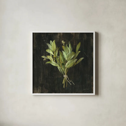 Rustic Herbs IV by Danhui Nai. Shown in a crisp white glass frame for a clean and minimalist style. Available as an archival giclee rolled canvas, fine art paper, or poster print. SKU 100646a.