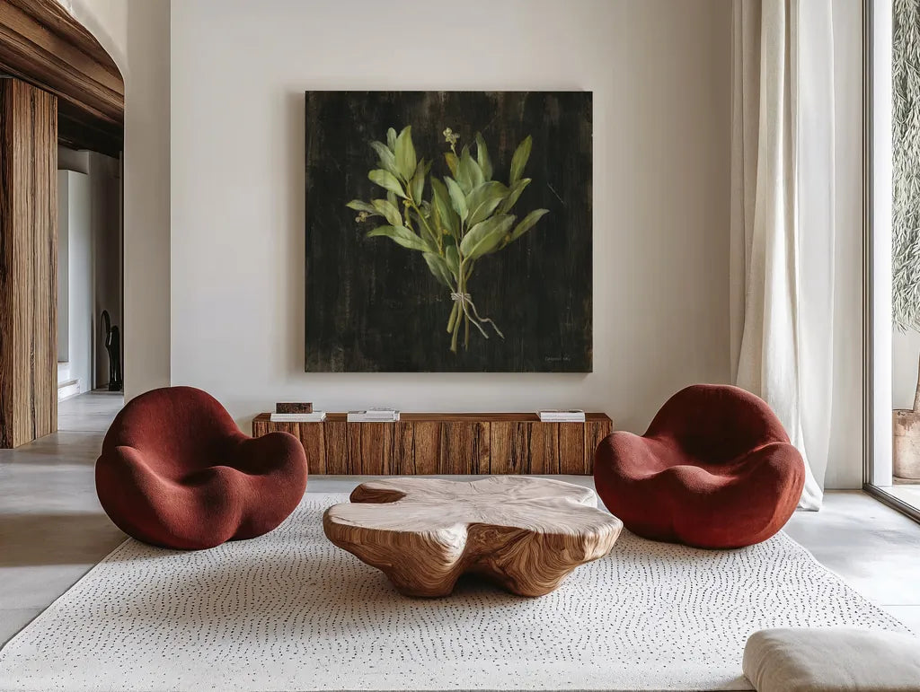 Rustic Herbs IV by Danhui Nai. Shown as extra-large giant wall art in a modern living room. Available as an archival giclee rolled canvas, fine art paper, or poster print. SKU 100646a.