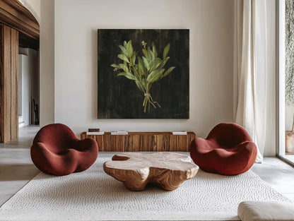 Rustic Herbs IV by Danhui Nai. Shown as extra-large giant wall art in a modern living room. Available as an archival giclee rolled canvas, fine art paper, or poster print. SKU 100646a.