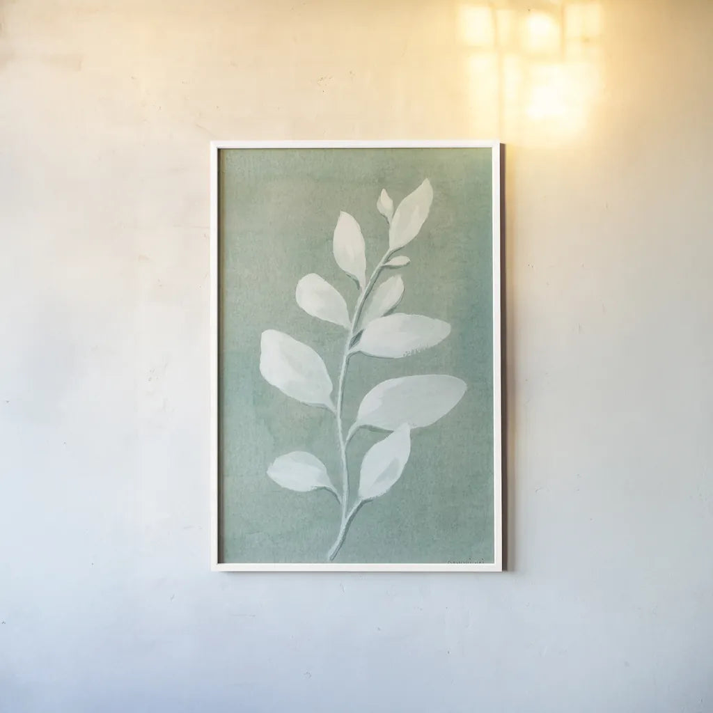 Sage Leaves I by Danhui Nai. shown as a paper print in a white frame. Available as a archival giclee rolled canvas, fine art paper, or poster print. SKU 64840h.