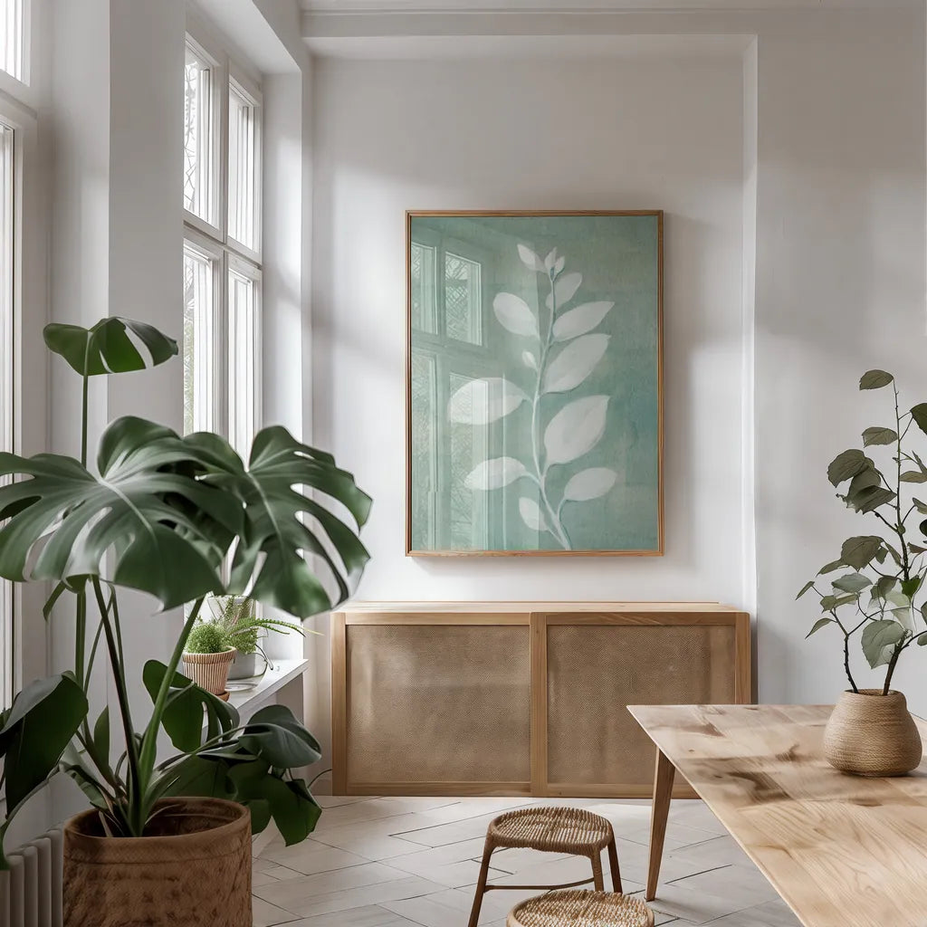 Sage Leaves II by Danhui Nai. shown as a print in a natural wood frame in a dining room. Available as a archival giclee rolled canvas, fine art paper, or poster print. SKU 64841h.