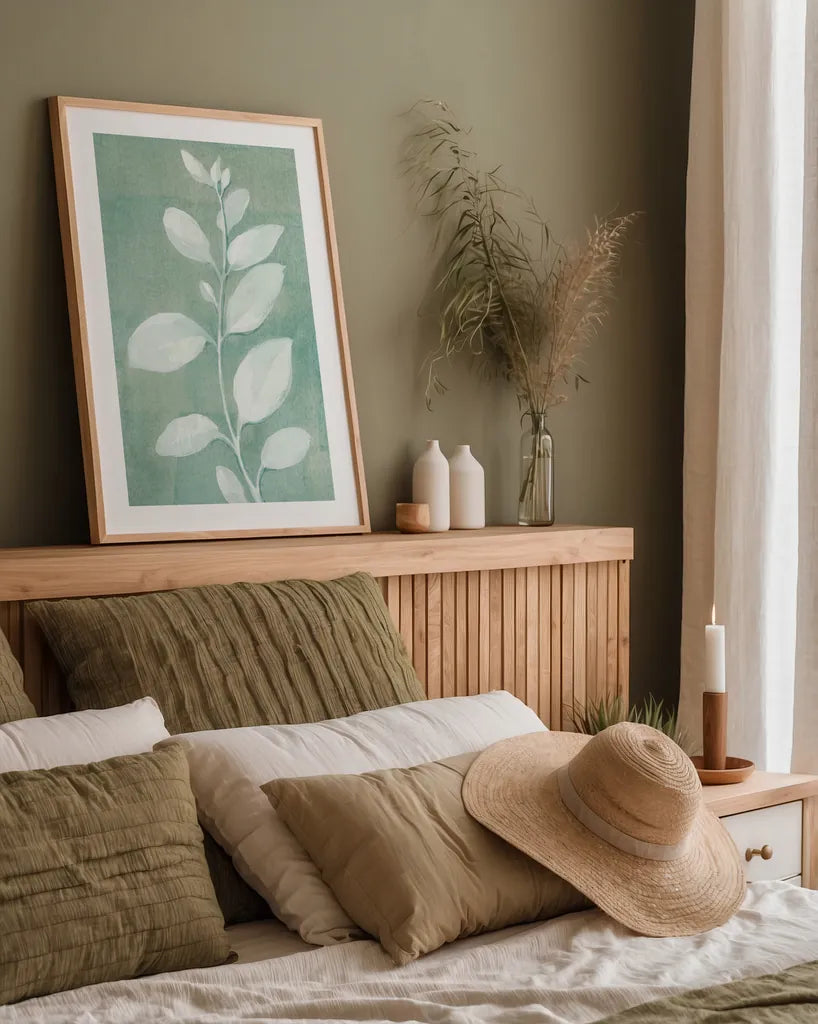 Sage Leaves II by Danhui Nai. shown as a paper print in a natural frame. Available as a archival giclee rolled canvas, fine art paper, or poster print. SKU 64841h.
