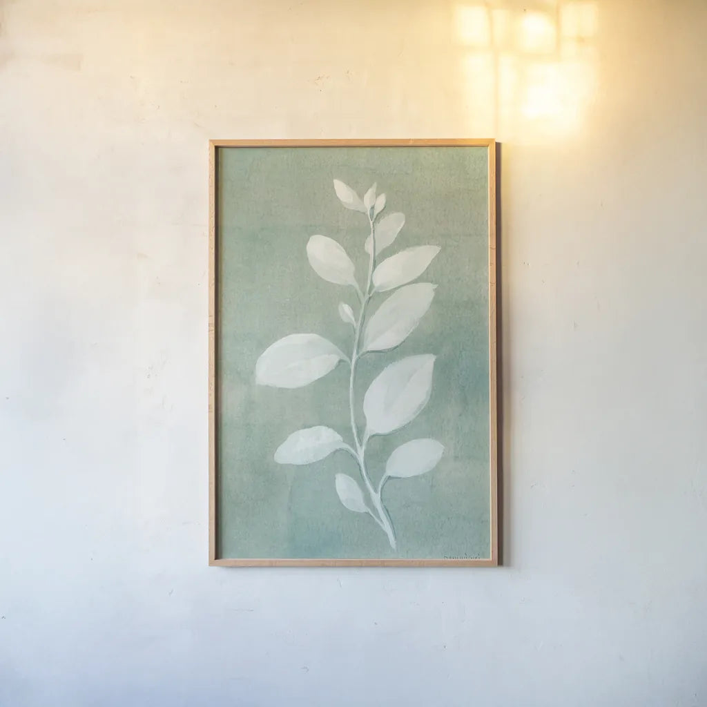 Sage Leaves II by Danhui Nai. shown as a paper print in a natural frame. Available as a archival giclee rolled canvas, fine art paper, or poster print. SKU 64841h.