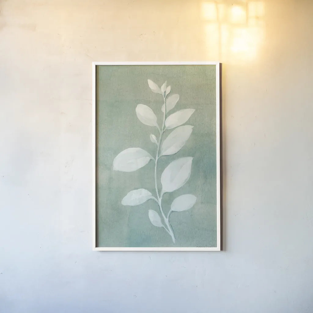 Sage Leaves II by Danhui Nai. shown as a paper print in a white frame. Available as a archival giclee rolled canvas, fine art paper, or poster print. SKU 64841h.
