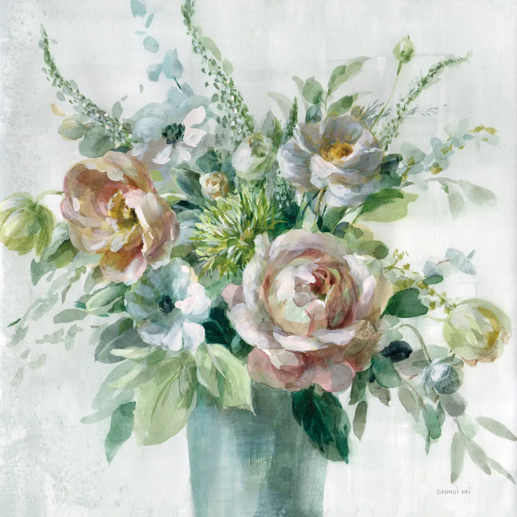 Sage and Peach Flowers I by Danhui Nai. SKU 89800a. Archival Giclee Fine art print for wall decor.