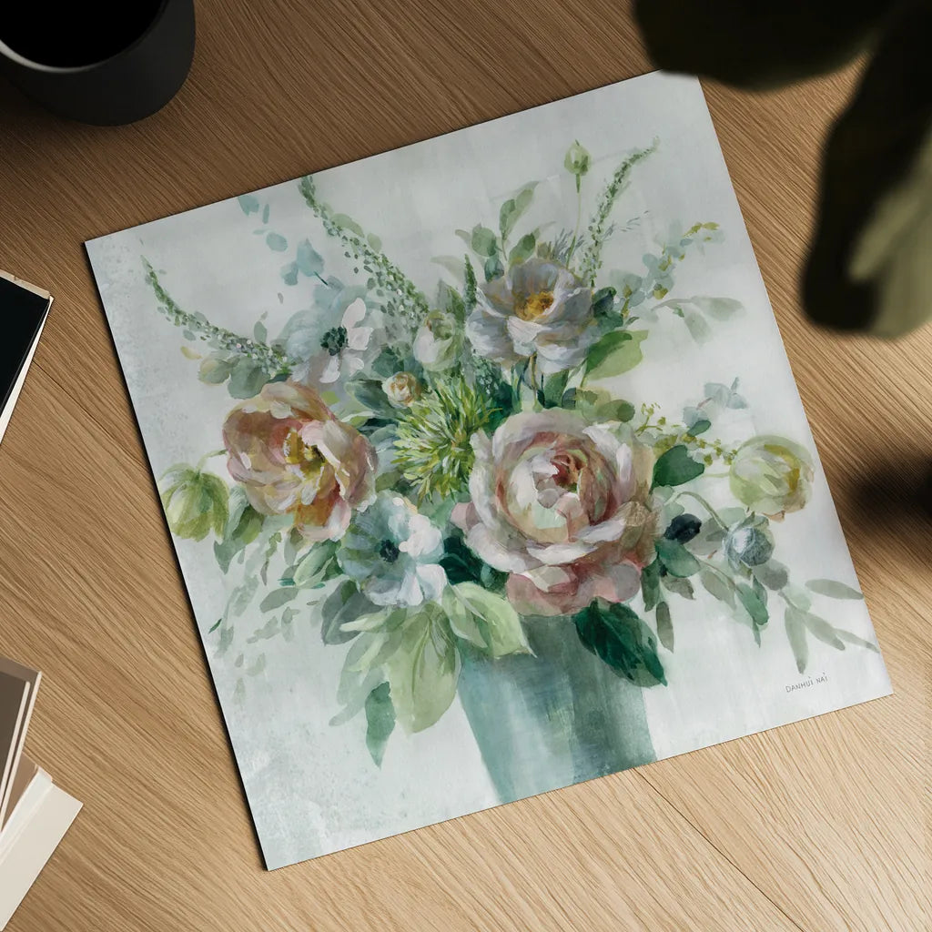 Sage and Peach Flowers I by Danhui Nai. Shown as a detailed flat fine art print, highlighting archival giclee quality. Available as an archival giclee rolled canvas, fine art paper, or poster print. SKU 89800a.