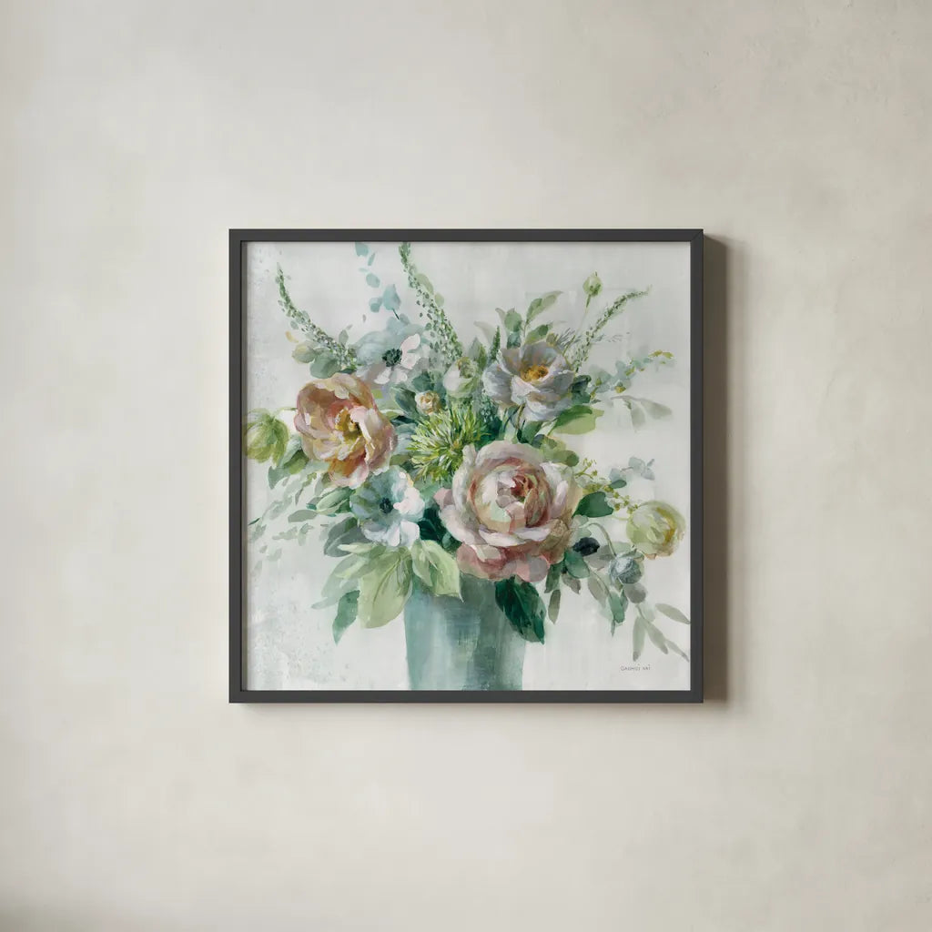 Sage and Peach Flowers I by Danhui Nai. Shown in a sleek black glass frame for a contemporary gallery look. Available as an archival giclee rolled canvas, fine art paper, or poster print. SKU 89800a.