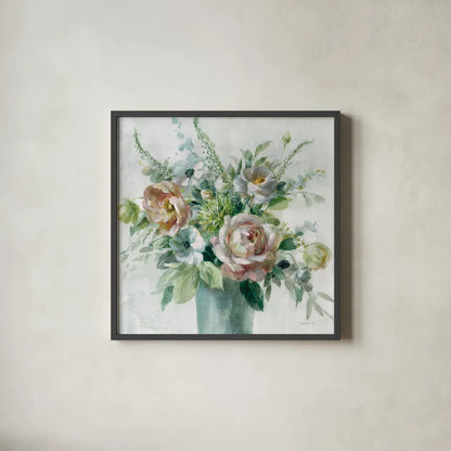 Sage and Peach Flowers I by Danhui Nai. Shown in a sleek black glass frame for a contemporary gallery look. Available as an archival giclee rolled canvas, fine art paper, or poster print. SKU 89800a.
