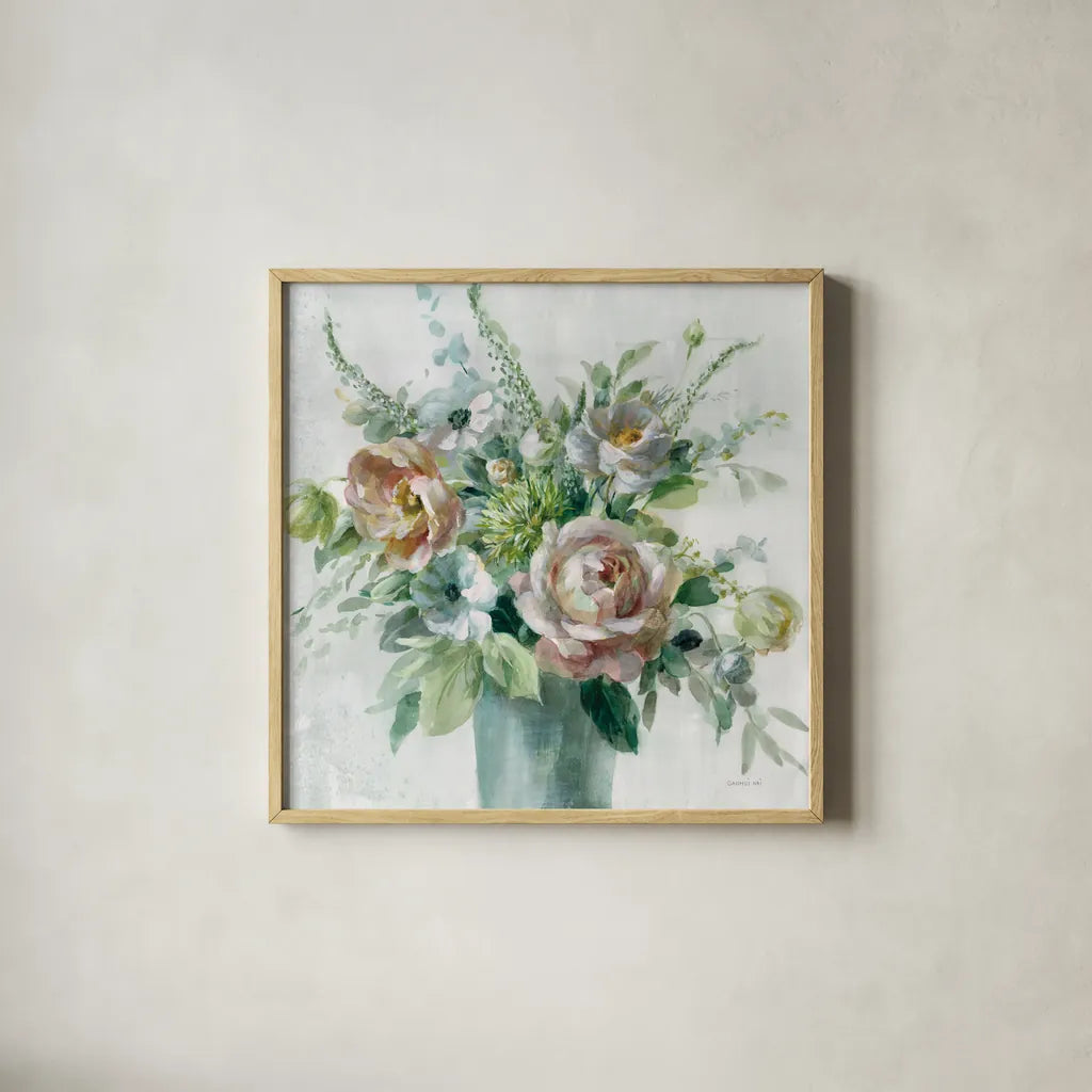 Sage and Peach Flowers I by Danhui Nai. Shown in a natural wood glass frame for a timeless modern aesthetic. Available as an archival giclee rolled canvas, fine art paper, or poster print. SKU 89800a.