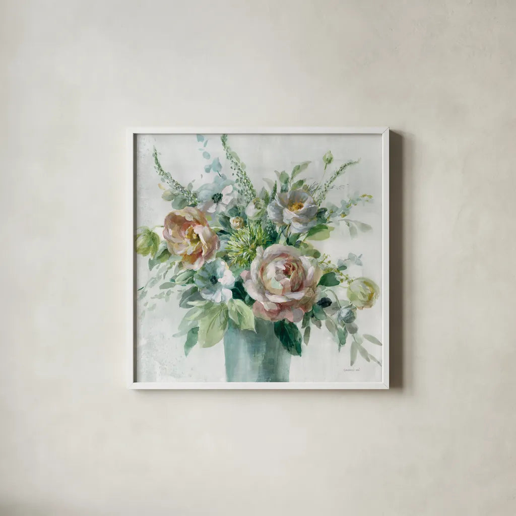 Sage and Peach Flowers I by Danhui Nai. Shown in a crisp white glass frame for a clean and minimalist style. Available as an archival giclee rolled canvas, fine art paper, or poster print. SKU 89800a.