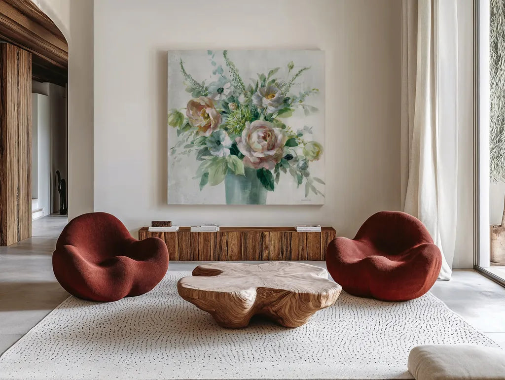 Sage and Peach Flowers I by Danhui Nai. Shown as extra-large giant wall art in a modern living room. Available as an archival giclee rolled canvas, fine art paper, or poster print. SKU 89800a.