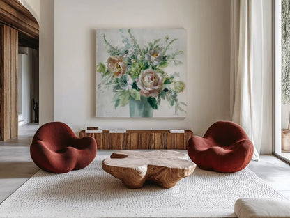 Sage and Peach Flowers I by Danhui Nai. Shown as extra-large giant wall art in a modern living room. Available as an archival giclee rolled canvas, fine art paper, or poster print. SKU 89800a.