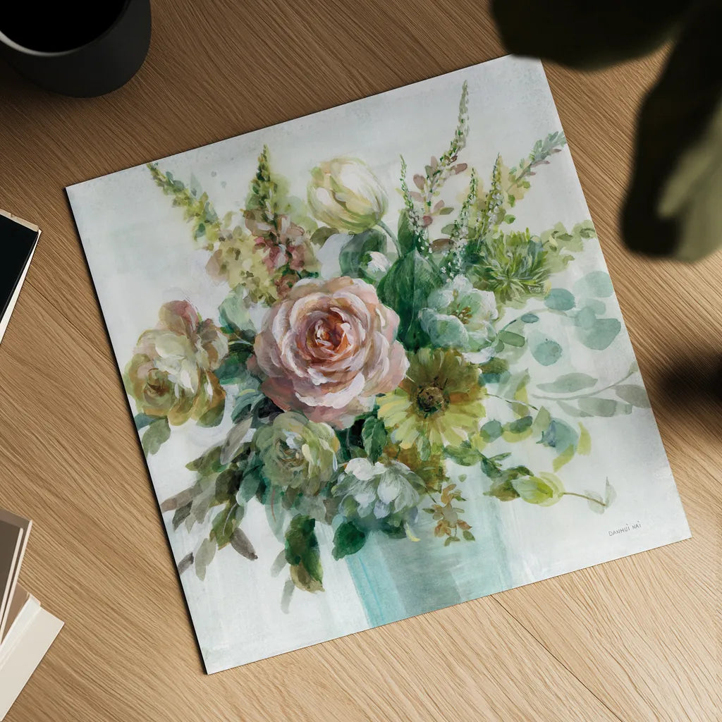 Sage and Peach Flowers II by Danhui Nai. Shown as a detailed flat fine art print, highlighting archival giclee quality. Available as an archival giclee rolled canvas, fine art paper, or poster print. SKU 89801a.