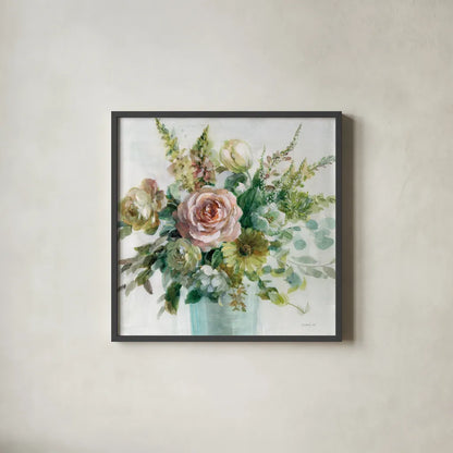 Sage and Peach Flowers II by Danhui Nai. Shown in a sleek black glass frame for a contemporary gallery look. Available as an archival giclee rolled canvas, fine art paper, or poster print. SKU 89801a.