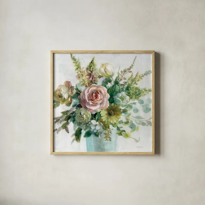 Sage and Peach Flowers II by Danhui Nai. Shown in a natural wood glass frame for a timeless modern aesthetic. Available as an archival giclee rolled canvas, fine art paper, or poster print. SKU 89801a.