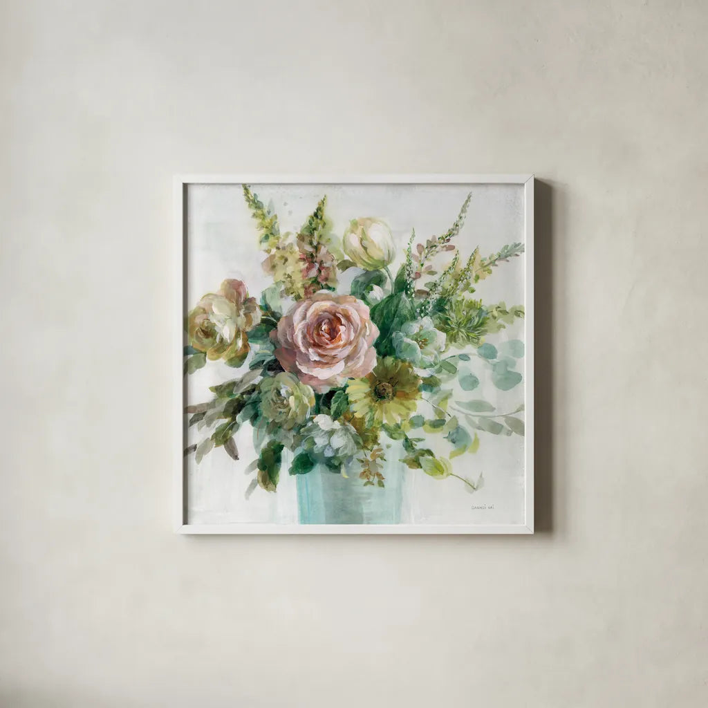 Sage and Peach Flowers II by Danhui Nai. Shown in a crisp white glass frame for a clean and minimalist style. Available as an archival giclee rolled canvas, fine art paper, or poster print. SKU 89801a.