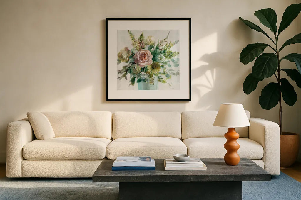 Sage and Peach Flowers II by Danhui Nai. Displayed in a glass frame with matte in a clean modern living room. Available as an archival giclee rolled canvas, fine art paper, or poster print. SKU 89801a.