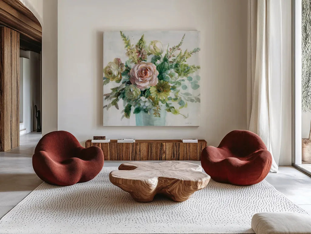 Sage and Peach Flowers II by Danhui Nai. Shown as extra-large giant wall art in a modern living room. Available as an archival giclee rolled canvas, fine art paper, or poster print. SKU 89801a.