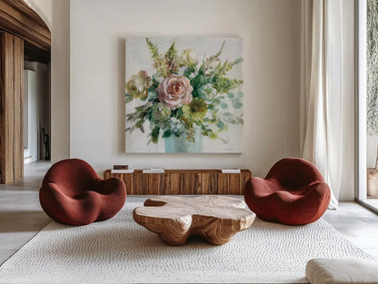 Sage and Peach Flowers II by Danhui Nai. Shown as extra-large giant wall art in a modern living room. Available as an archival giclee rolled canvas, fine art paper, or poster print. SKU 89801a.