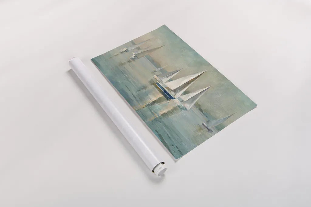 Sailboats at Sunrise Crop by Danhui Nai. shown as a rolled paper print. Available as archival giclee rolled canvas, fine art paper, or poster print. SKU 18931i.