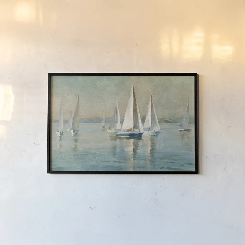 Sailboats at Sunrise Crop by Danhui Nai. shown as a paper print in a black flame. Available as a archival giclee rolled canvas, fine art paper, or poster print. SKU 18931i.
