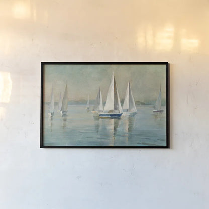 Sailboats at Sunrise Crop by Danhui Nai. shown as a paper print in a black flame. Available as a archival giclee rolled canvas, fine art paper, or poster print. SKU 18931i.