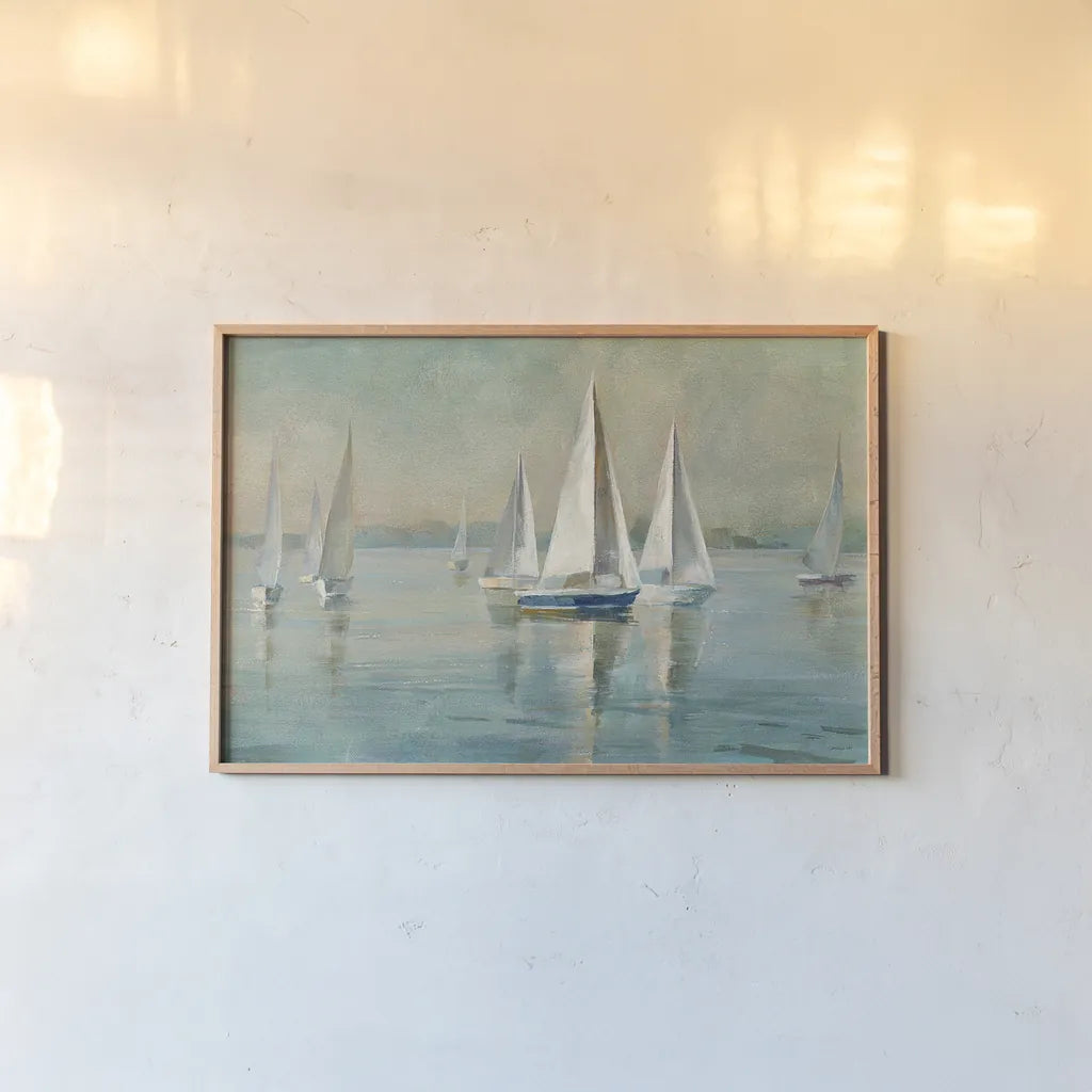 Sailboats at Sunrise Crop by Danhui Nai. shown as a paper print in a natural frame. Available as a archival giclee rolled canvas, fine art paper, or poster print. SKU 18931i.