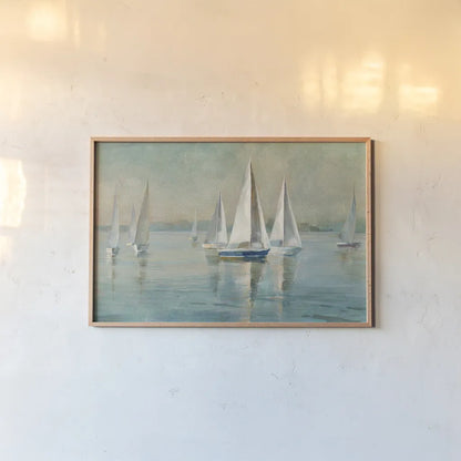 Sailboats at Sunrise Crop by Danhui Nai. shown as a paper print in a natural frame. Available as a archival giclee rolled canvas, fine art paper, or poster print. SKU 18931i.