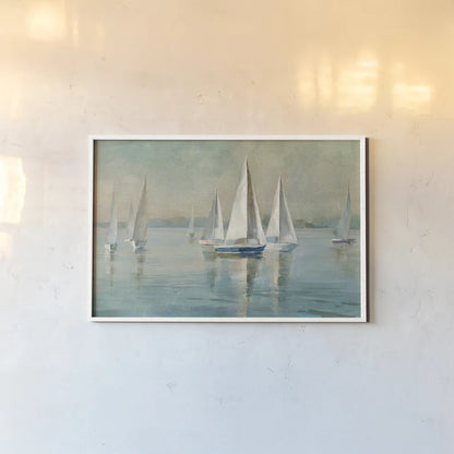 Sailboats at Sunrise Crop by Danhui Nai. shown as a paper print in a white frame. Available as a archival giclee rolled canvas, fine art paper, or poster print. SKU 18931i.
