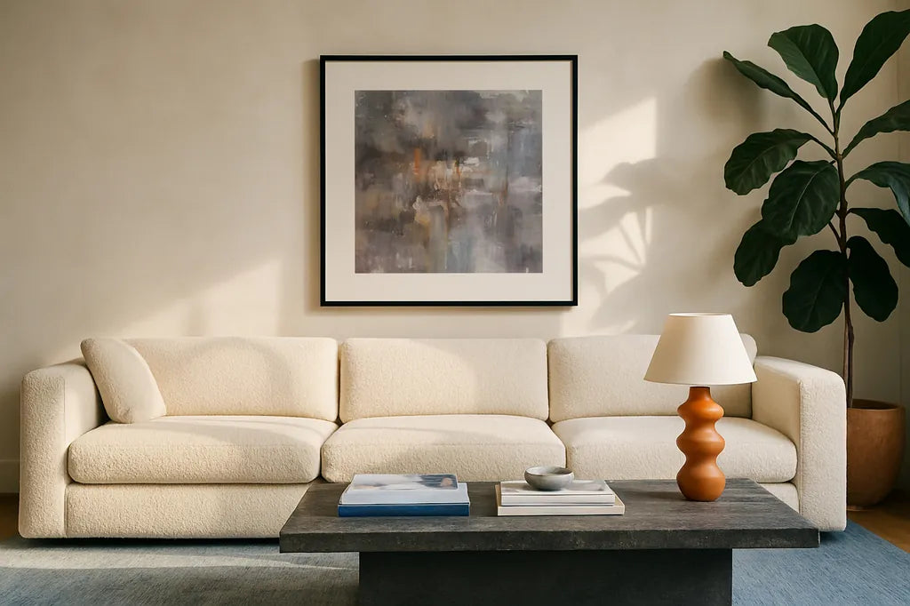 Sand and Stone by Danhui Nai. Displayed in a glass frame with matte in a clean modern living room. Available as an archival giclee rolled canvas, fine art paper, or poster print. SKU 66235a.