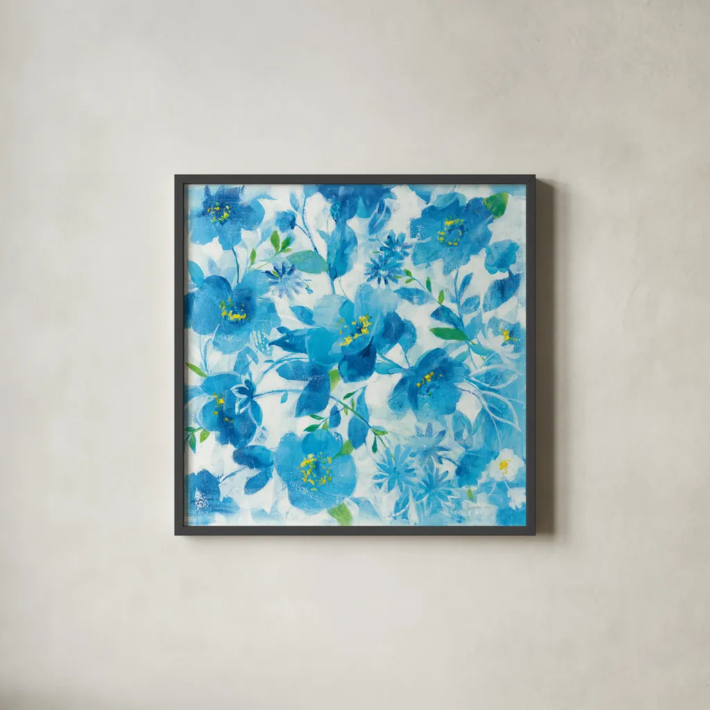 Scattered Floral by Danhui Nai. Shown in a sleek black glass frame for a contemporary gallery look. Available as an archival giclee rolled canvas, fine art paper, or poster print. SKU 58214a.
