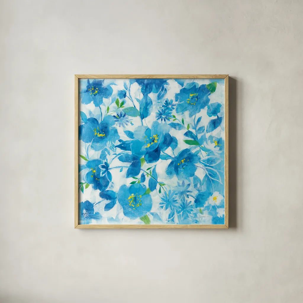 Scattered Floral by Danhui Nai. Shown in a natural wood glass frame for a timeless modern aesthetic. Available as an archival giclee rolled canvas, fine art paper, or poster print. SKU 58214a.