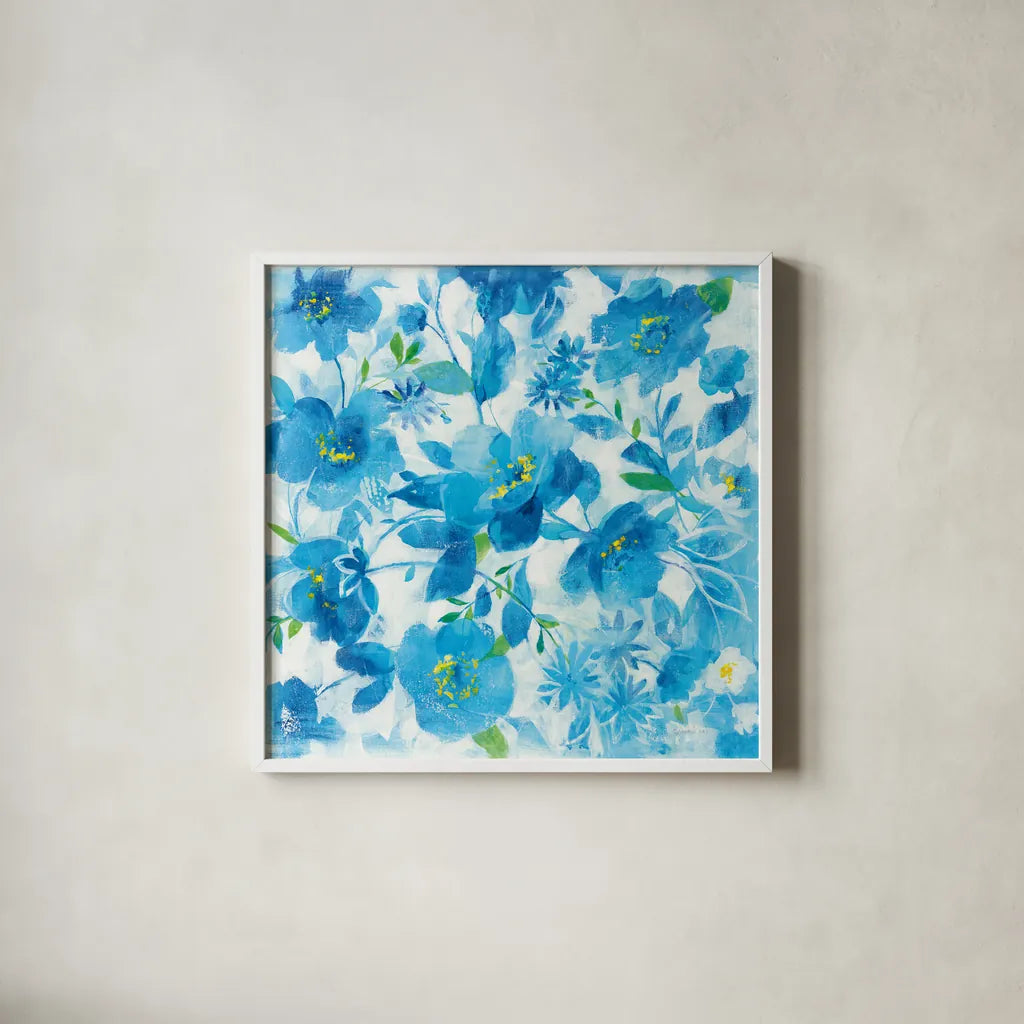 Scattered Floral by Danhui Nai. Shown in a crisp white glass frame for a clean and minimalist style. Available as an archival giclee rolled canvas, fine art paper, or poster print. SKU 58214a.