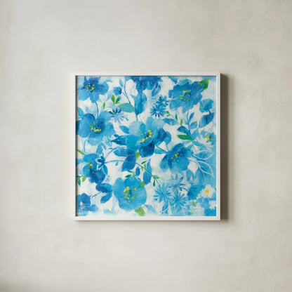 Scattered Floral by Danhui Nai. Shown in a crisp white glass frame for a clean and minimalist style. Available as an archival giclee rolled canvas, fine art paper, or poster print. SKU 58214a.