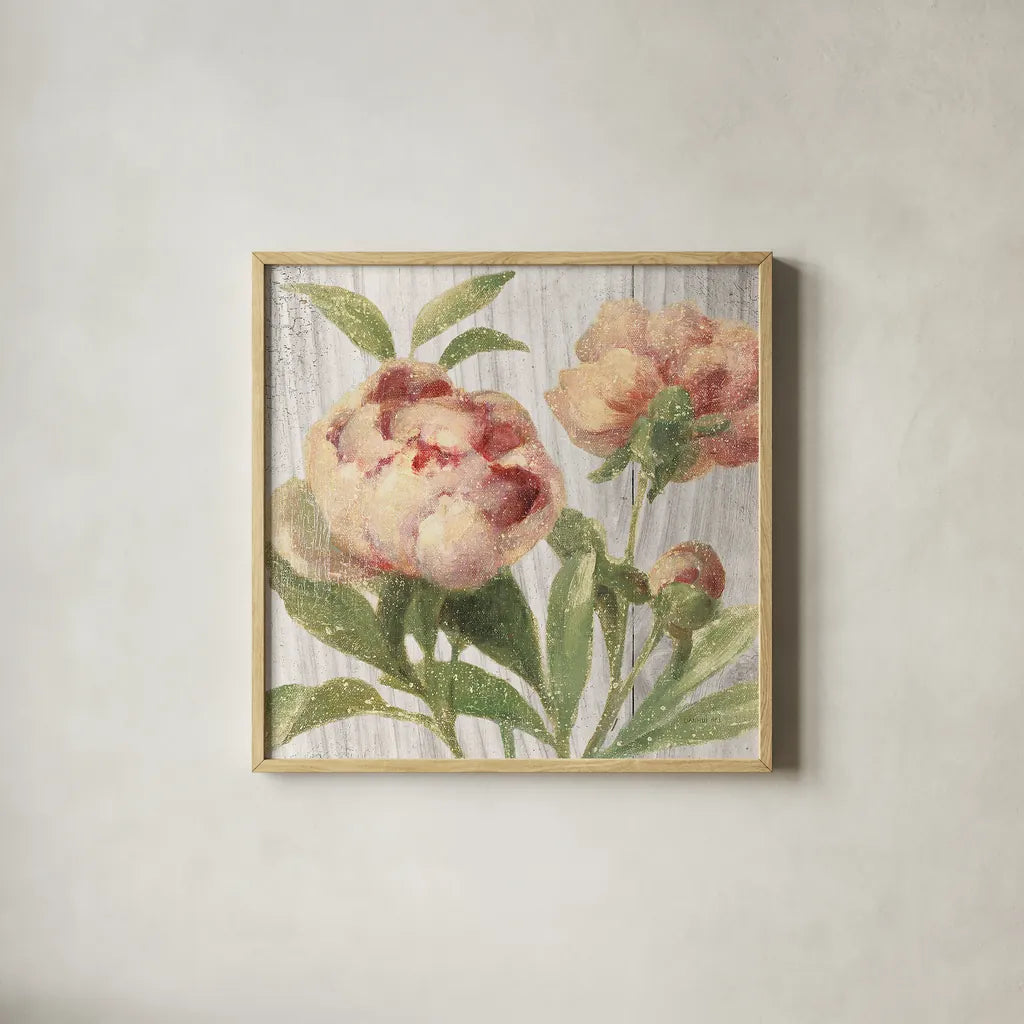 Scented Cottage Florals I Crop by Danhui Nai. Shown in a natural wood glass frame for a timeless modern aesthetic. Available as an archival giclee rolled canvas, fine art paper, or poster print. SKU 32063a.