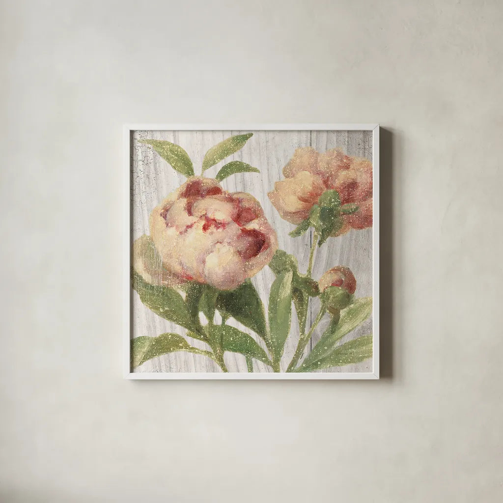 Scented Cottage Florals I Crop by Danhui Nai. Shown in a crisp white glass frame for a clean and minimalist style. Available as an archival giclee rolled canvas, fine art paper, or poster print. SKU 32063a.