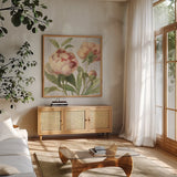 Scented Cottage Florals I Crop by Danhui Nai. Shown in a natural wood frame in a cozy modern living room. Available as an archival giclee rolled canvas, fine art paper, or poster print. SKU 32063a.