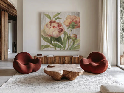 Scented Cottage Florals I Crop by Danhui Nai. Shown as extra-large giant wall art in a modern living room. Available as an archival giclee rolled canvas, fine art paper, or poster print. SKU 32063a.