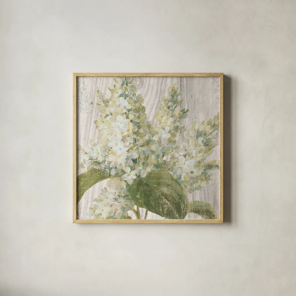 Scented Cottage Florals II Crop by Danhui Nai. Shown in a natural wood glass frame for a timeless modern aesthetic. Available as an archival giclee rolled canvas, fine art paper, or poster print. SKU 32064a.