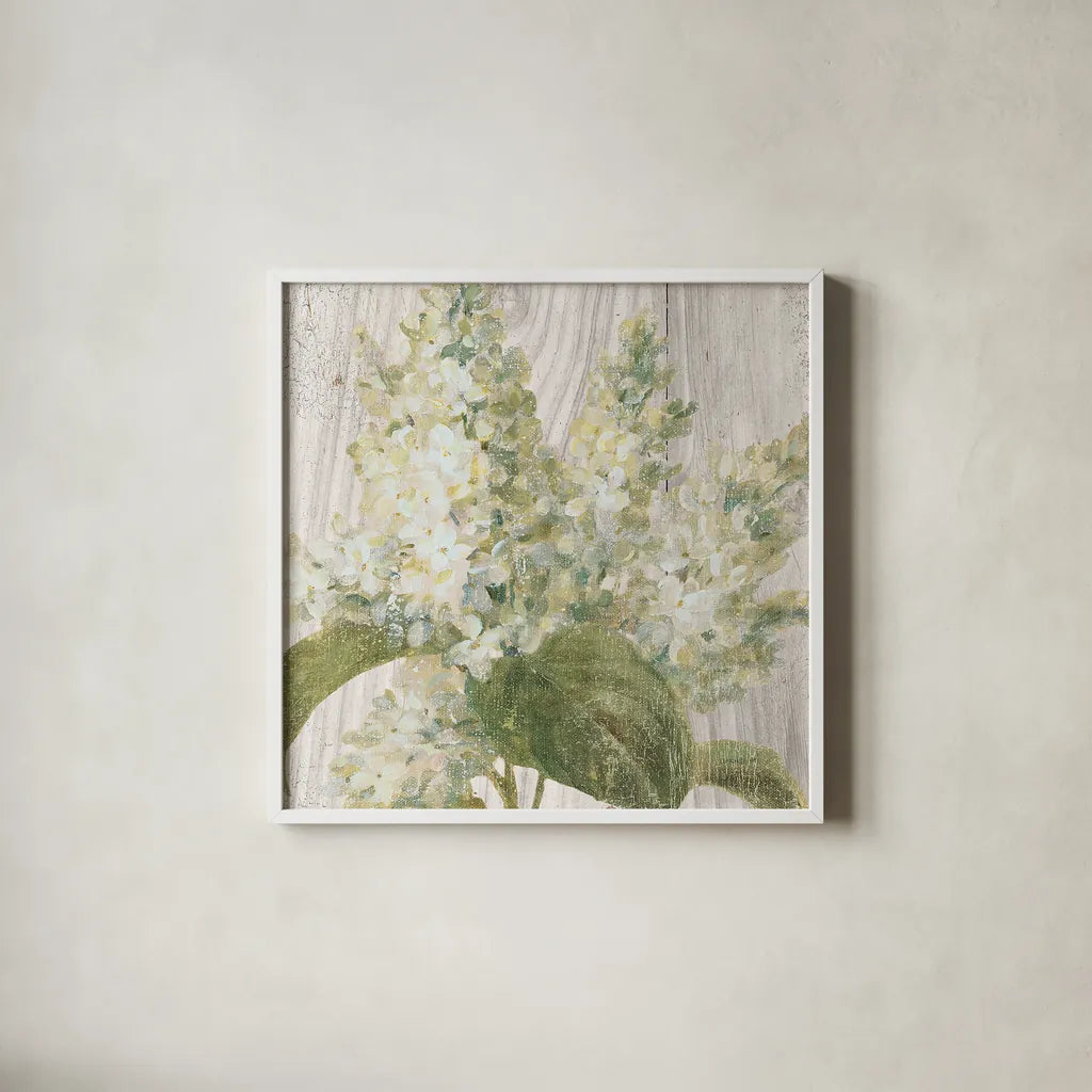 Scented Cottage Florals II Crop by Danhui Nai. Shown in a crisp white glass frame for a clean and minimalist style. Available as an archival giclee rolled canvas, fine art paper, or poster print. SKU 32064a.