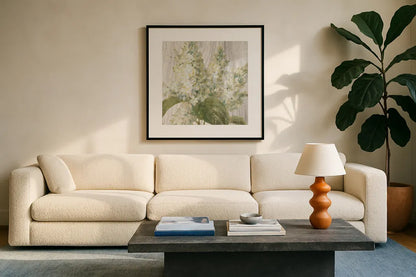 Scented Cottage Florals II Crop by Danhui Nai. Displayed in a glass frame with matte in a clean modern living room. Available as an archival giclee rolled canvas, fine art paper, or poster print. SKU 32064a.