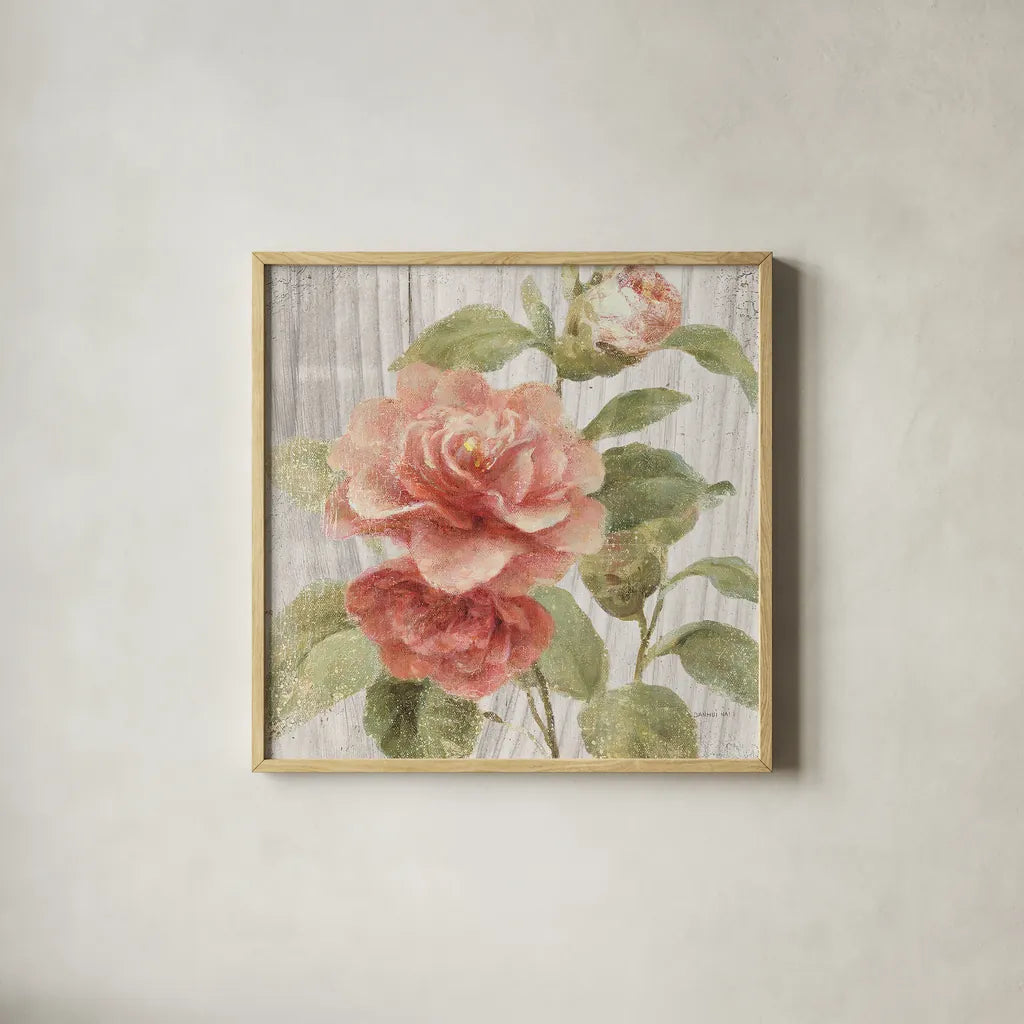 Scented Cottage Florals III Crop by Danhui Nai. Shown in a natural wood glass frame for a timeless modern aesthetic. Available as an archival giclee rolled canvas, fine art paper, or poster print. SKU 32065a.